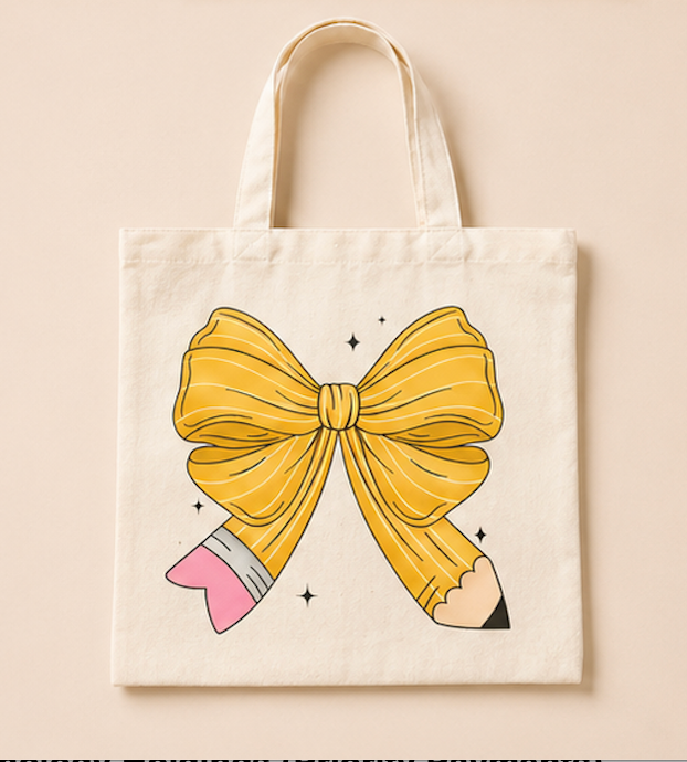 Teacher Pencil Bow Tote Bag (Canvas Tote)