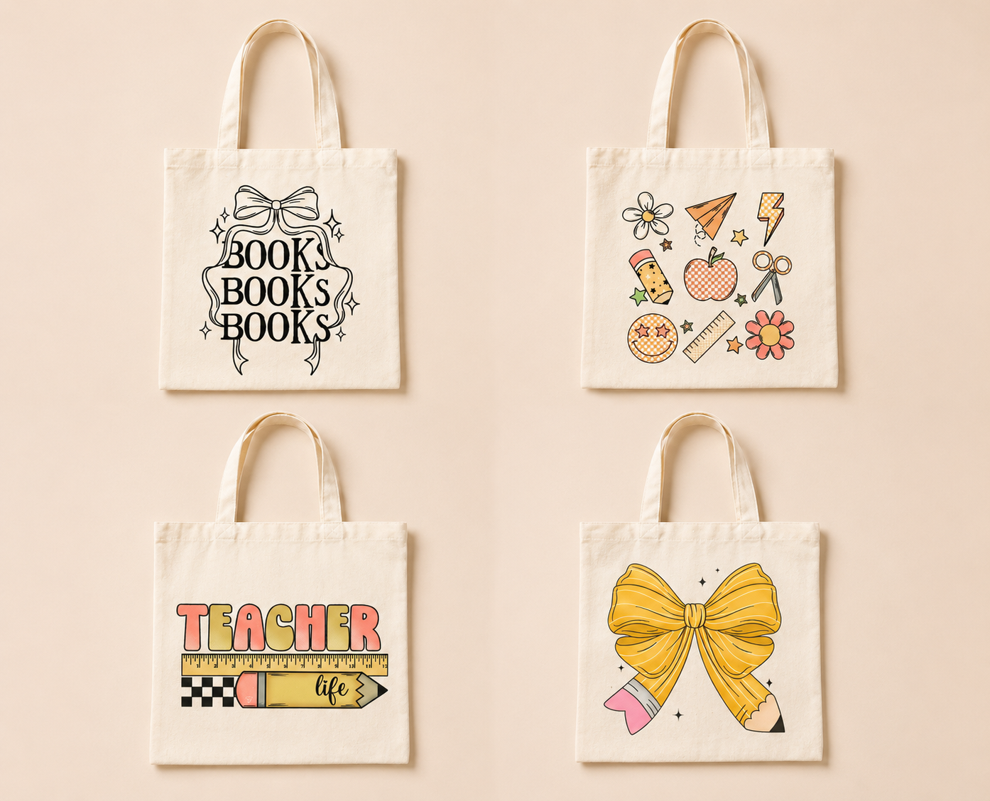 Teacher Pencil Bow Tote Bag (Canvas Tote)